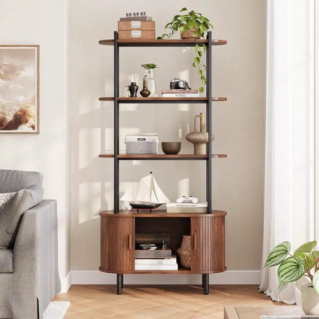Alt view image 3 of 7 - ONBRILL 71"Tall Bookshelf,4-Tier Wood Shelves & Metal Frame Bookcase,Walnut