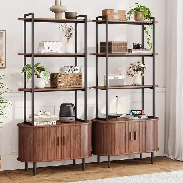 Alt view image 4 of 7 - ONBRILL 71"Tall Bookshelf,4-Tier Wood Shelves & Metal Frame Bookcase,Walnut