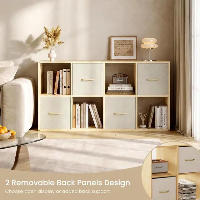 Alt view image 7 of 7 - 8 Cube Storage Organizer - Solid Wood Bookshelf with 4 Storage Bins, Cube Shelf with 2 Removable Back Panels, Vertical or Horizontal Bookcase, Open Book Shelf for Bedroom, Living Room, Office