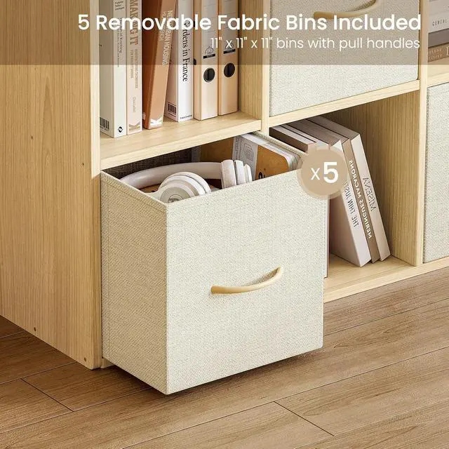 Alt view image 7 of 7 - 9 Cube Storage Organizer - Solid Wood Bookshelf with 5 Storage Bins, Cube Shelf with 3 Removable Back Panels, Vertical or Horizontal Bookcase, Open Book Shelf for Bedroom, Living Room, Office