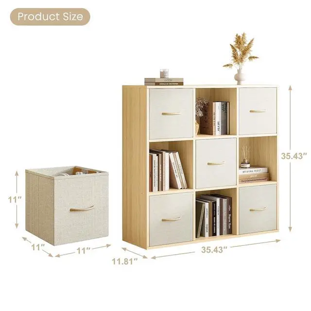 Alt view image 3 of 7 - 9 Cube Storage Organizer - Solid Wood Bookshelf with 5 Storage Bins, Cube Shelf with 3 Removable Back Panels, Vertical or Horizontal Bookcase, Open Book Shelf for Bedroom, Living Room, Office