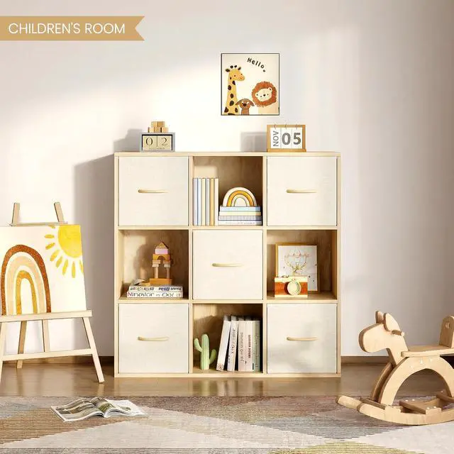 Alt view image 2 of 7 - 9 Cube Storage Organizer - Solid Wood Bookshelf with 5 Storage Bins, Cube Shelf with 3 Removable Back Panels, Vertical or Horizontal Bookcase, Open Book Shelf for Bedroom, Living Room, Office
