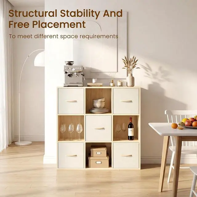 Alt view image 5 of 7 - 9 Cube Storage Organizer - Solid Wood Bookshelf with 5 Storage Bins, Cube Shelf with 3 Removable Back Panels, Vertical or Horizontal Bookcase, Open Book Shelf for Bedroom, Living Room, Office
