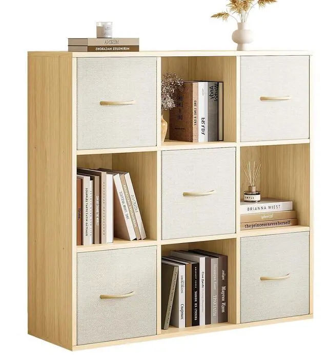 Main image of 9 Cube Storage Organizer - Solid Wood Bookshelf with 5 Storage Bins, Cube Shelf with 3 Removable Back Panels, Vertical or Horizontal Bookcase, Open Book Shelf for Bedroom, Living Room, Office