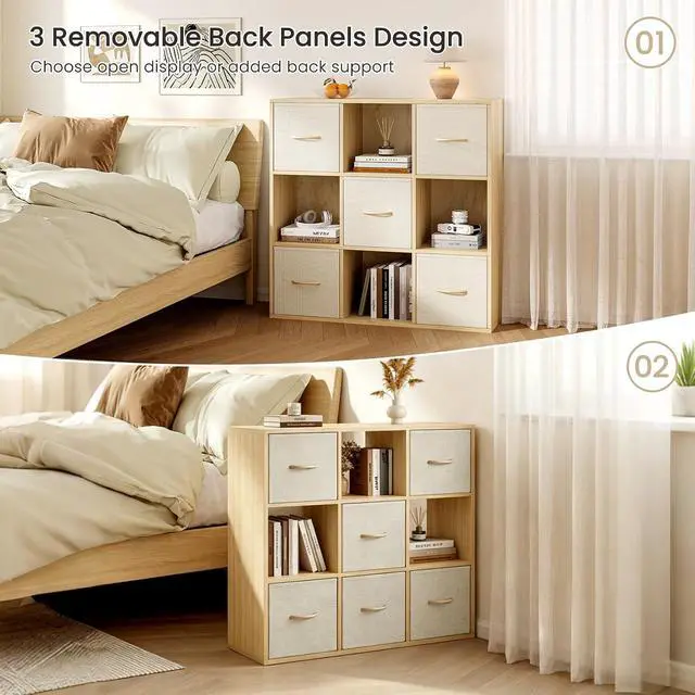 Alt view image 6 of 7 - 9 Cube Storage Organizer - Solid Wood Bookshelf with 5 Storage Bins, Cube Shelf with 3 Removable Back Panels, Vertical or Horizontal Bookcase, Open Book Shelf for Bedroom, Living Room, Office