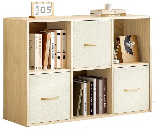 Main image of 6 Cube Storage Organizer - Solid Wood Bookshelf with 3 Storage Bins, Cube Shelf with 2 Removable Back Panels, Vertical or Horizontal Bookcase, Open Book Shelf for Bedroom, Living Room, Office