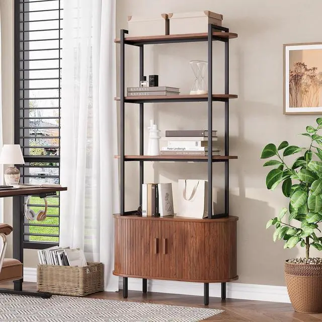 Alt view image 7 of 7 - ONBRILL 71"Tall Bookshelf,4-Tier Wood Shelves & Metal Frame Bookcase,Walnut