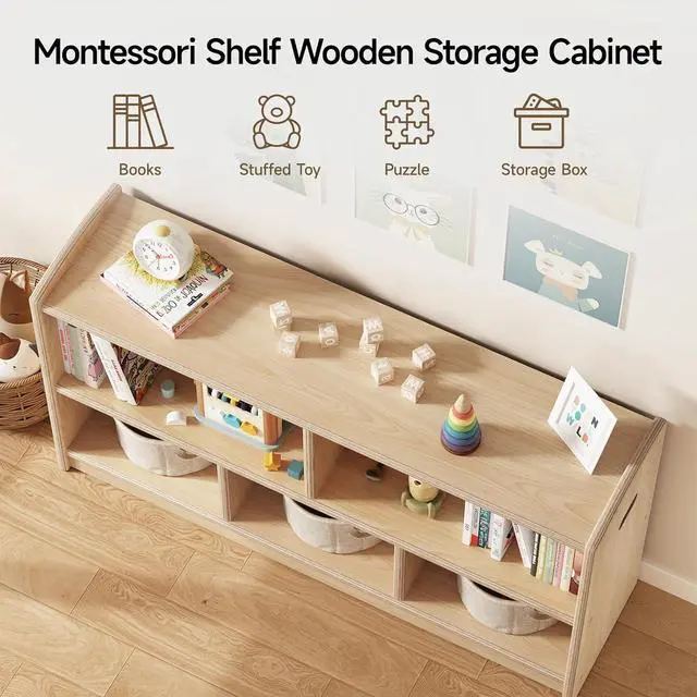 Alt view image 5 of 7 - Montessori Shelf, Toy Storage Organizer with 5 Cube, Natural