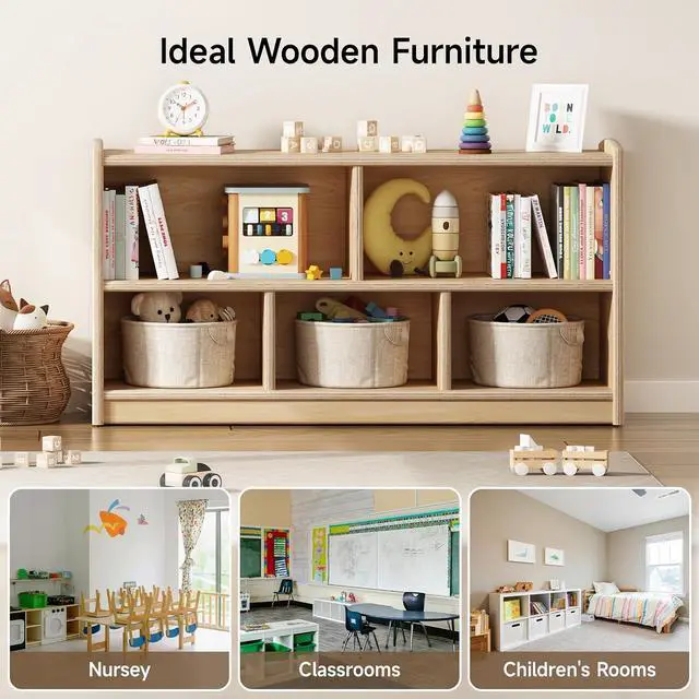 Alt view image 7 of 7 - Montessori Shelf, Toy Storage Organizer with 5 Cube, Natural
