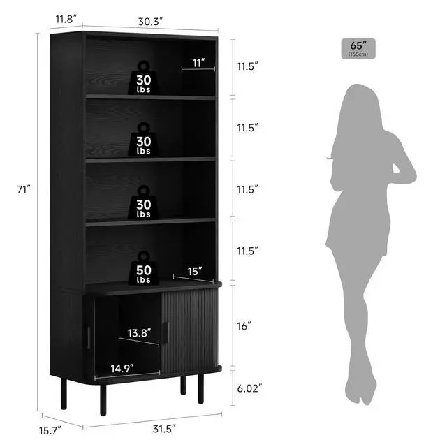 Alt view image 2 of 7 - 4-Tier Bookshelf with Sliding Door, 71" Bookcase Black