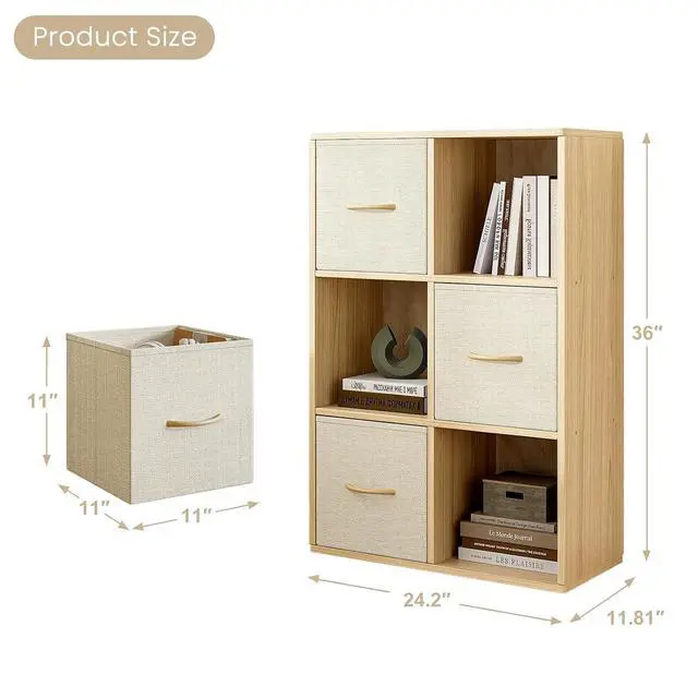 Alt view image 3 of 7 - 6 Cube Storage Organizer - Solid Wood Bookshelf with 3 Storage Bins, Cube Shelf with 2 Removable Back Panels, Vertical or Horizontal Bookcase, Open Book Shelf for Bedroom, Living Room, Office