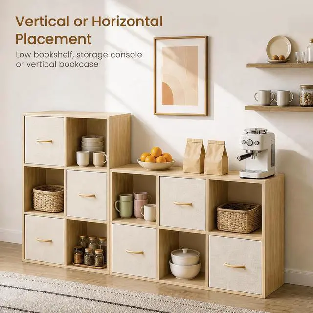 Alt view image 6 of 7 - 6 Cube Storage Organizer - Solid Wood Bookshelf with 3 Storage Bins, Cube Shelf with 2 Removable Back Panels, Vertical or Horizontal Bookcase, Open Book Shelf for Bedroom, Living Room, Office