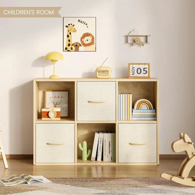 Alt view image 2 of 7 - 6 Cube Storage Organizer - Solid Wood Bookshelf with 3 Storage Bins, Cube Shelf with 2 Removable Back Panels, Vertical or Horizontal Bookcase, Open Book Shelf for Bedroom, Living Room, Office