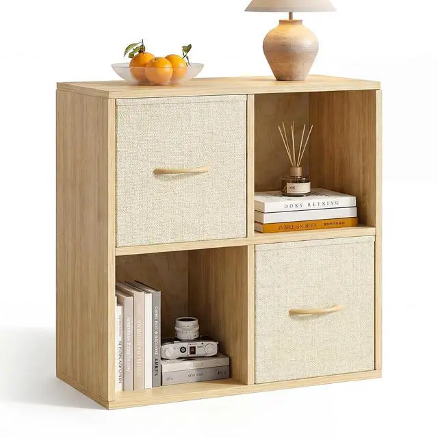 Main image of 4 Cube Storage Organizer - Solid Wood Bookshelf with 2 Storage Bins, Cube Shelf with 2 Removable Back Panels, Vertical or Horizontal Bookcase, Open Book Shelf for Bedroom, Living Room, Office