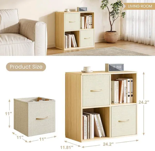 Alt view image 3 of 7 - 4 Cube Storage Organizer - Solid Wood Bookshelf with 2 Storage Bins, Cube Shelf with 2 Removable Back Panels, Vertical or Horizontal Bookcase, Open Book Shelf for Bedroom, Living Room, Office