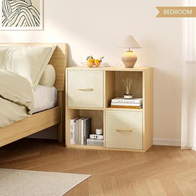 Alt view image 2 of 7 - 4 Cube Storage Organizer - Solid Wood Bookshelf with 2 Storage Bins, Cube Shelf with 2 Removable Back Panels, Vertical or Horizontal Bookcase, Open Book Shelf for Bedroom, Living Room, Office