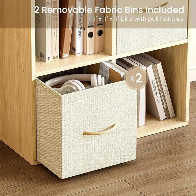 Alt view image 4 of 7 - 4 Cube Storage Organizer - Solid Wood Bookshelf with 2 Storage Bins, Cube Shelf with 2 Removable Back Panels, Vertical or Horizontal Bookcase, Open Book Shelf for Bedroom, Living Room, Office
