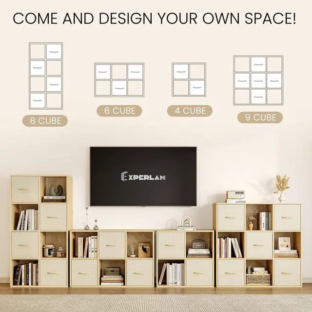 Alt view image 7 of 7 - 6 Cube Storage Organizer - Solid Wood Bookshelf with 3 Storage Bins, Cube Shelf with 2 Removable Back Panels, Vertical or Horizontal Bookcase, Open Book Shelf for Bedroom, Living Room, Office