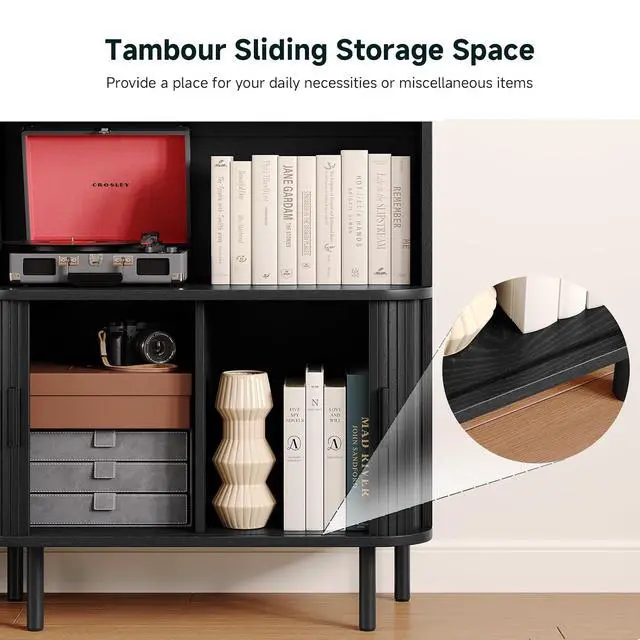 Alt view image 4 of 7 - 4-Tier Bookshelf with Sliding Door, 71" Bookcase Black