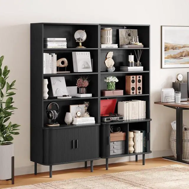 Alt view image 3 of 7 - 4-Tier Bookshelf with Sliding Door, 71" Bookcase Black