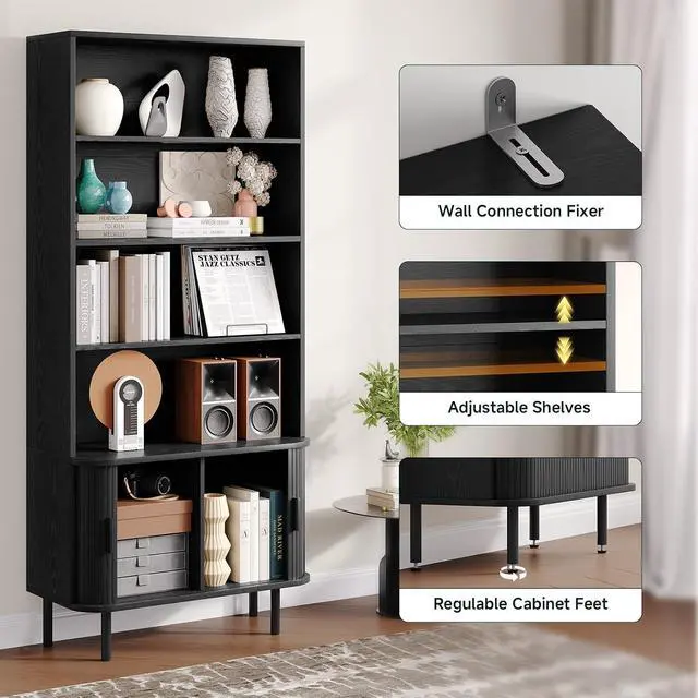 Alt view image 5 of 7 - 4-Tier Bookshelf with Sliding Door, 71" Bookcase Black