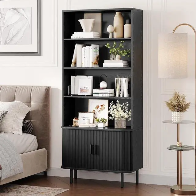 Alt view image 6 of 7 - 4-Tier Bookshelf with Sliding Door, 71" Bookcase Black