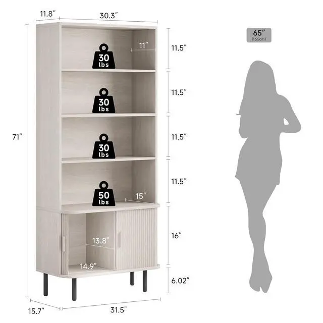 Alt view image 2 of 7 - 4-Tier Bookshelf with Sliding Door, 71" Bookcase Natural White