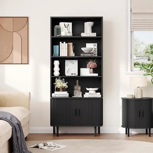 Alt view image 7 of 7 - 4-Tier Bookshelf with Sliding Door, 71" Bookcase Black