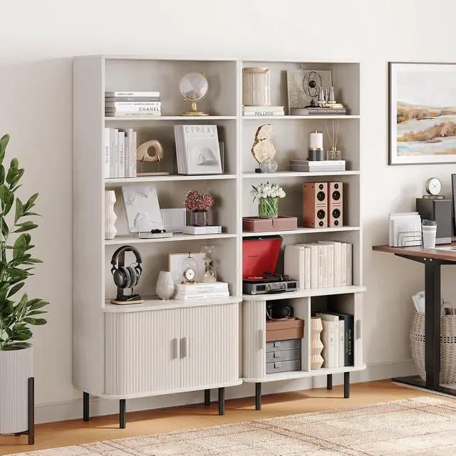 Alt view image 3 of 7 - 4-Tier Bookshelf with Sliding Door, 71" Bookcase Natural White