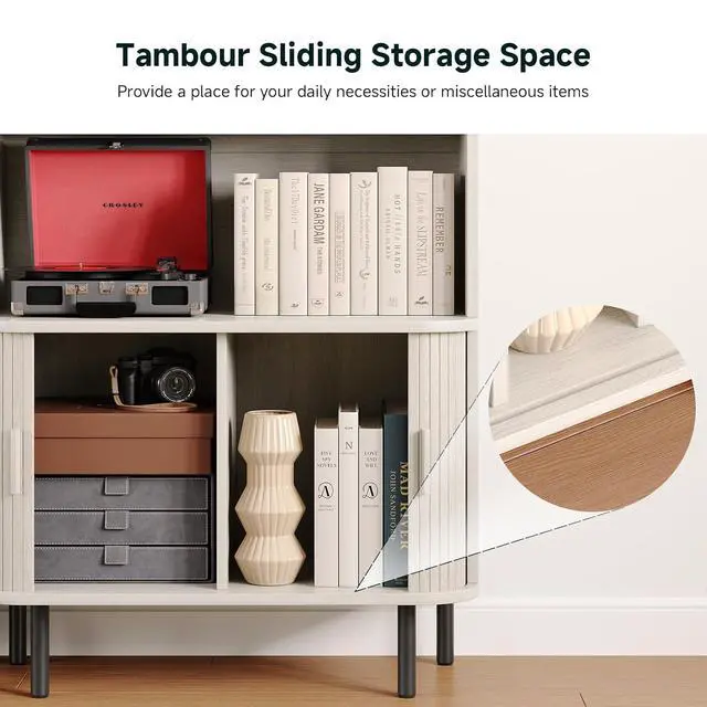 Alt view image 4 of 7 - 4-Tier Bookshelf with Sliding Door, 71" Bookcase Natural White