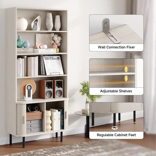 Alt view image 5 of 7 - 4-Tier Bookshelf with Sliding Door, 71" Bookcase Natural White