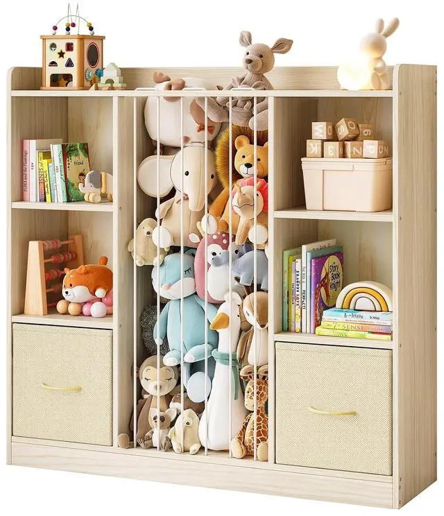 Main image of 4-in-1 Toy Storage Organizer with Stuffed Animal Storage, Solid Pine Kids Bookshelf and Toy Shelf, 6 Cube Shelf with 2 Removable Drawers, Stuffed Animal Zoo for Kids Room, Playroom, Nursery