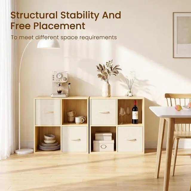 Alt view image 6 of 7 - 4 Cube Storage Organizer - Solid Wood Bookshelf with 2 Storage Bins, Cube Shelf with 2 Removable Back Panels, Vertical or Horizontal Bookcase, Open Book Shelf for Bedroom, Living Room, Office
