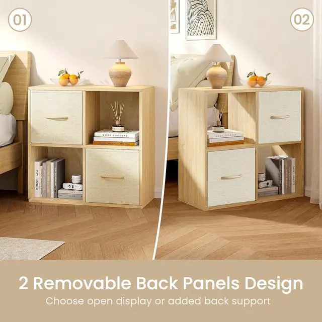 Alt view image 7 of 7 - 4 Cube Storage Organizer - Solid Wood Bookshelf with 2 Storage Bins, Cube Shelf with 2 Removable Back Panels, Vertical or Horizontal Bookcase, Open Book Shelf for Bedroom, Living Room, Office