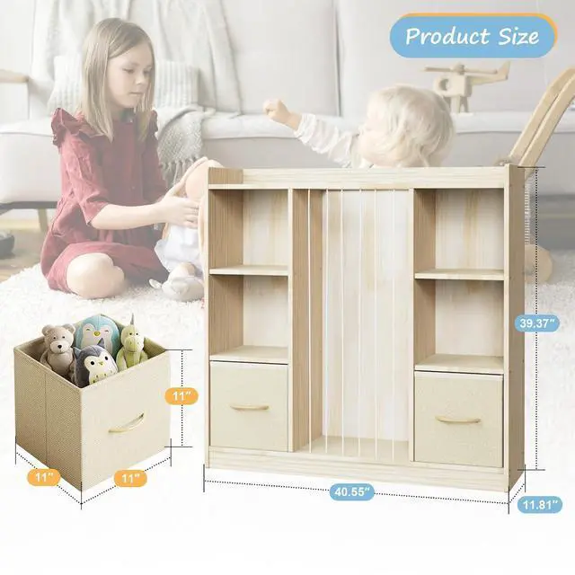 Alt view image 2 of 7 - 4-in-1 Toy Storage Organizer with Stuffed Animal Storage, Solid Pine Kids Bookshelf and Toy Shelf, 6 Cube Shelf with 2 Removable Drawers, Stuffed Animal Zoo for Kids Room, Playroom, Nursery