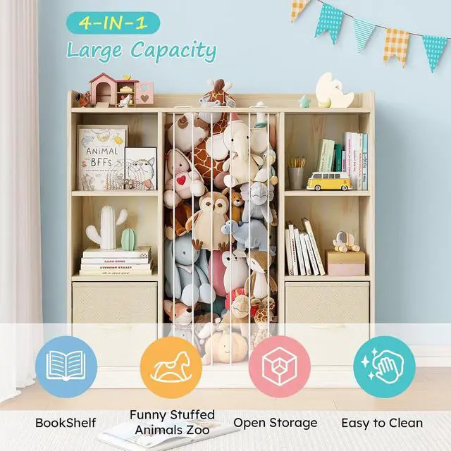 Alt view image 3 of 7 - 4-in-1 Toy Storage Organizer with Stuffed Animal Storage, Solid Pine Kids Bookshelf and Toy Shelf, 6 Cube Shelf with 2 Removable Drawers, Stuffed Animal Zoo for Kids Room, Playroom, Nursery