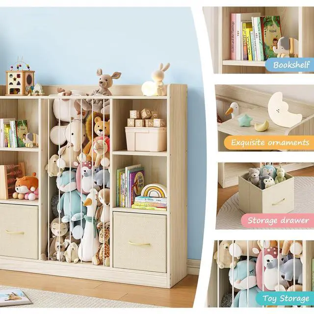 Alt view image 4 of 7 - 4-in-1 Toy Storage Organizer with Stuffed Animal Storage, Solid Pine Kids Bookshelf and Toy Shelf, 6 Cube Shelf with 2 Removable Drawers, Stuffed Animal Zoo for Kids Room, Playroom, Nursery