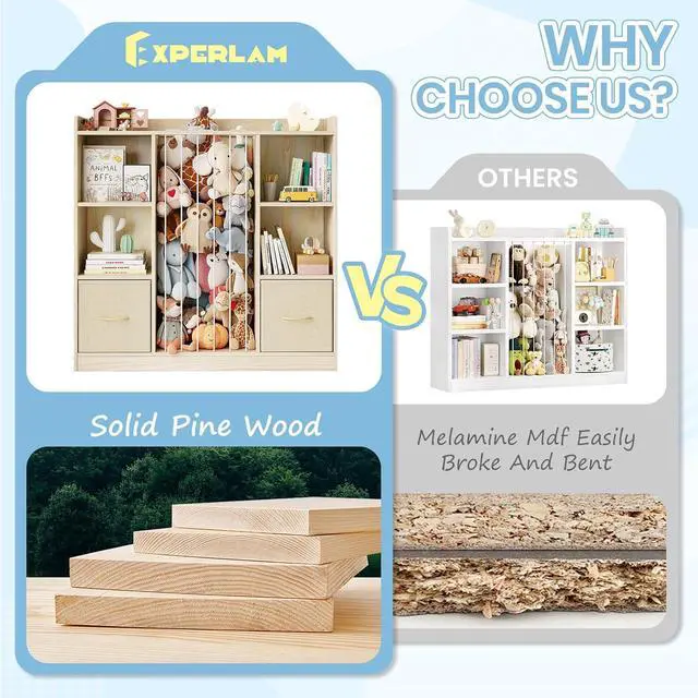 Alt view image 6 of 7 - 4-in-1 Toy Storage Organizer with Stuffed Animal Storage, Solid Pine Kids Bookshelf and Toy Shelf, 6 Cube Shelf with 2 Removable Drawers, Stuffed Animal Zoo for Kids Room, Playroom, Nursery