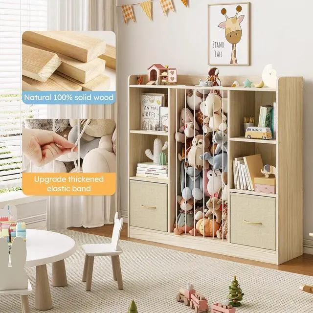 Alt view image 5 of 7 - 4-in-1 Toy Storage Organizer with Stuffed Animal Storage, Solid Pine Kids Bookshelf and Toy Shelf, 6 Cube Shelf with 2 Removable Drawers, Stuffed Animal Zoo for Kids Room, Playroom, Nursery