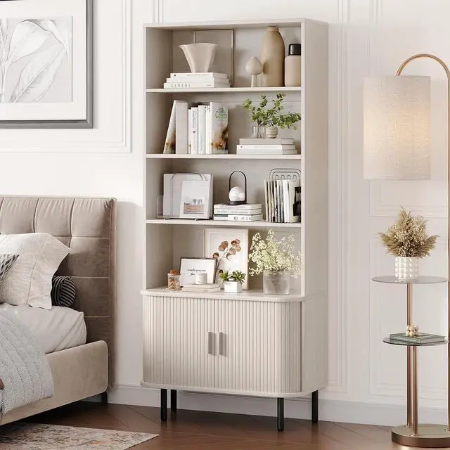 Alt view image 6 of 7 - 4-Tier Bookshelf with Sliding Door, 71" Bookcase Natural White
