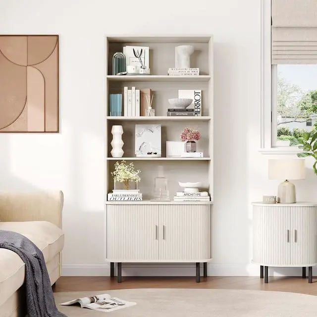 Alt view image 7 of 7 - 4-Tier Bookshelf with Sliding Door, 71" Bookcase Natural White
