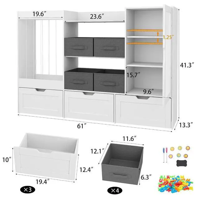 Alt view image 2 of 7 - 61" W Kids Toy Storage Organizer with Stuffed Animal Storage, 3 Movable Storage Drawers, 4 Removable Storage Bins, Wooden Bookshelf with Magnetic Drawing Board for Kids Room & Playroom, White