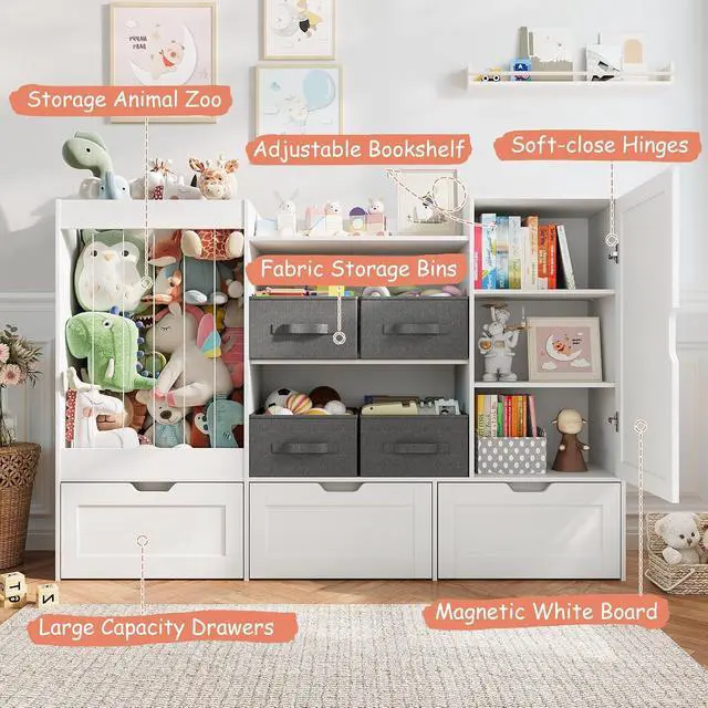 Alt view image 3 of 7 - 61" W Kids Toy Storage Organizer with Stuffed Animal Storage, 3 Movable Storage Drawers, 4 Removable Storage Bins, Wooden Bookshelf with Magnetic Drawing Board for Kids Room & Playroom, White