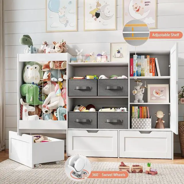 Alt view image 4 of 7 - 61" W Kids Toy Storage Organizer with Stuffed Animal Storage, 3 Movable Storage Drawers, 4 Removable Storage Bins, Wooden Bookshelf with Magnetic Drawing Board for Kids Room & Playroom, White