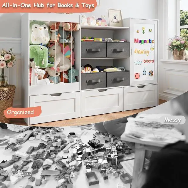 Alt view image 6 of 7 - 61" W Kids Toy Storage Organizer with Stuffed Animal Storage, 3 Movable Storage Drawers, 4 Removable Storage Bins, Wooden Bookshelf with Magnetic Drawing Board for Kids Room & Playroom, White