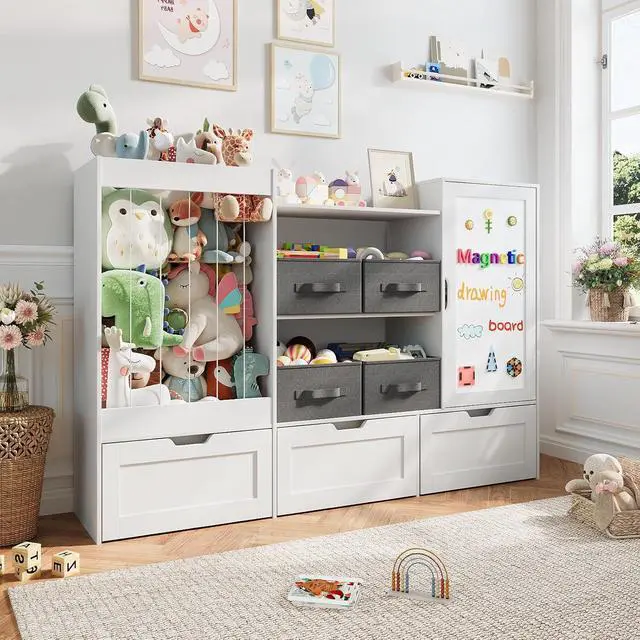 Alt view image 7 of 7 - 61" W Kids Toy Storage Organizer with Stuffed Animal Storage, 3 Movable Storage Drawers, 4 Removable Storage Bins, Wooden Bookshelf with Magnetic Drawing Board for Kids Room & Playroom, White