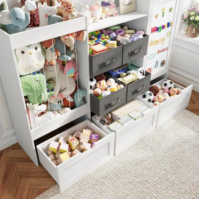 Alt view image 5 of 7 - 61" W Kids Toy Storage Organizer with Stuffed Animal Storage, 3 Movable Storage Drawers, 4 Removable Storage Bins, Wooden Bookshelf with Magnetic Drawing Board for Kids Room & Playroom, White