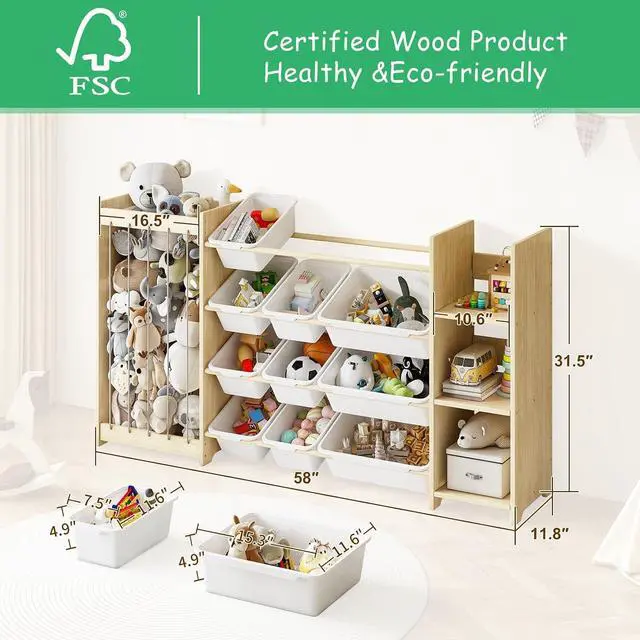 Alt view image 2 of 7 - 3-in-1 Toy Storage Organizer, Stuffed Animal Holder & 3-Tier Bookcase, Solid Wood Toy Organizer with 12 Storage Bins, Space-Saving Toy & Book Shelf for Kids Rooms, Bedroom, Playroom, White