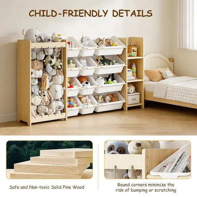 Alt view image 3 of 7 - 3-in-1 Toy Storage Organizer, Stuffed Animal Holder & 3-Tier Bookcase, Solid Wood Toy Organizer with 12 Storage Bins, Space-Saving Toy & Book Shelf for Kids Rooms, Bedroom, Playroom, White