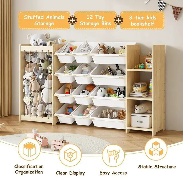 Alt view image 4 of 7 - 3-in-1 Toy Storage Organizer, Stuffed Animal Holder & 3-Tier Bookcase, Solid Wood Toy Organizer with 12 Storage Bins, Space-Saving Toy & Book Shelf for Kids Rooms, Bedroom, Playroom, White